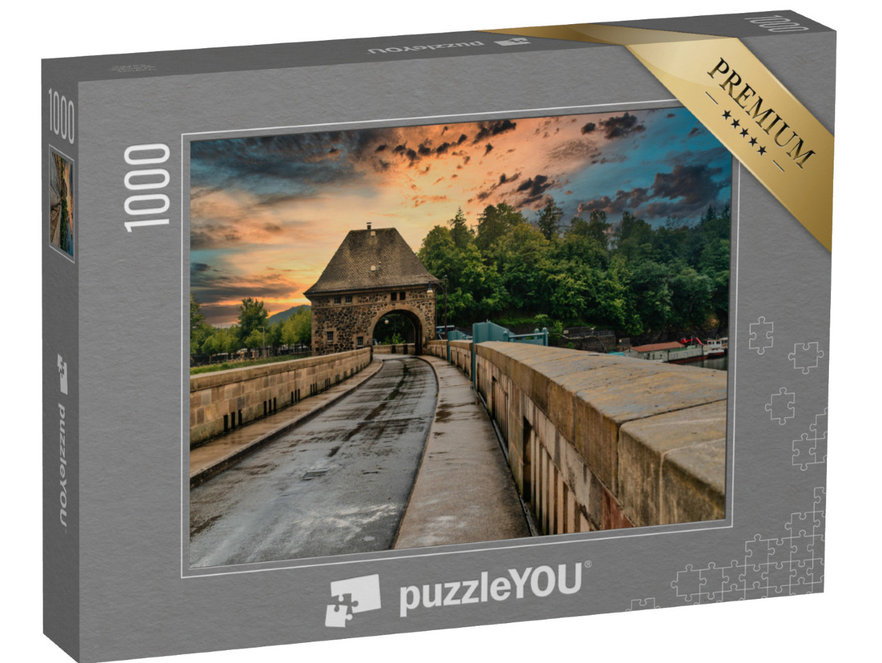 Puzzle 1000 pezzi „Sala della torre con ciottoli sul lago Edersee in Assia, Germania“