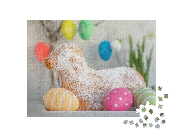 Puzzle 1000 pezzi „Agnello pasquale al forno con uova di Pasqua colorate“