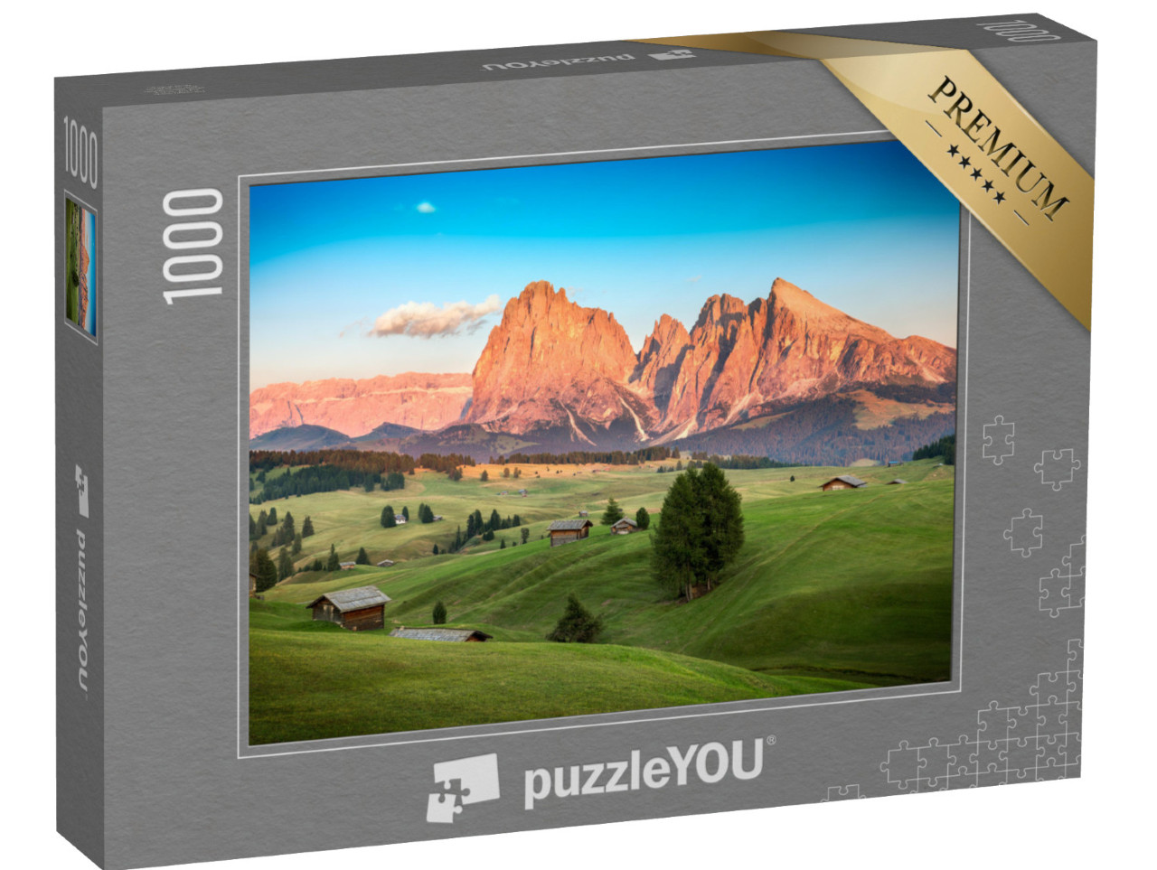 Puzzle 1000 pezzi „Alpe di Siusi con il gruppo del Sassolungo alla luce del sole serale, Alto Adige“