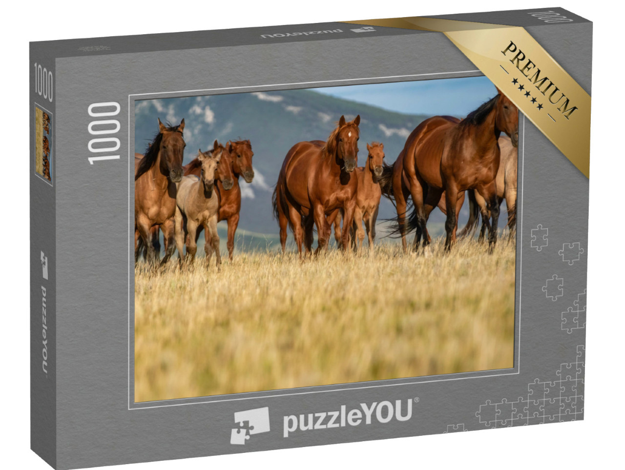 Puzzle 1000 pezzi „Mandria di cavalli Quarter su una pianura erbosa di fronte alle Pryor Mountains, Montana“