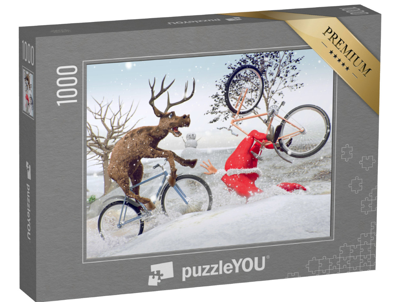 Puzzle 1000 pezzi „Arte digitale: l'incidente di Babbo Natale in bicicletta“