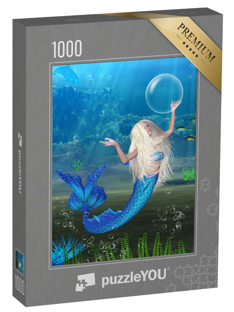 Puzzle 1000 pezzi „Sirena bionda che gioca con le bolle d'aria sott'acqua“