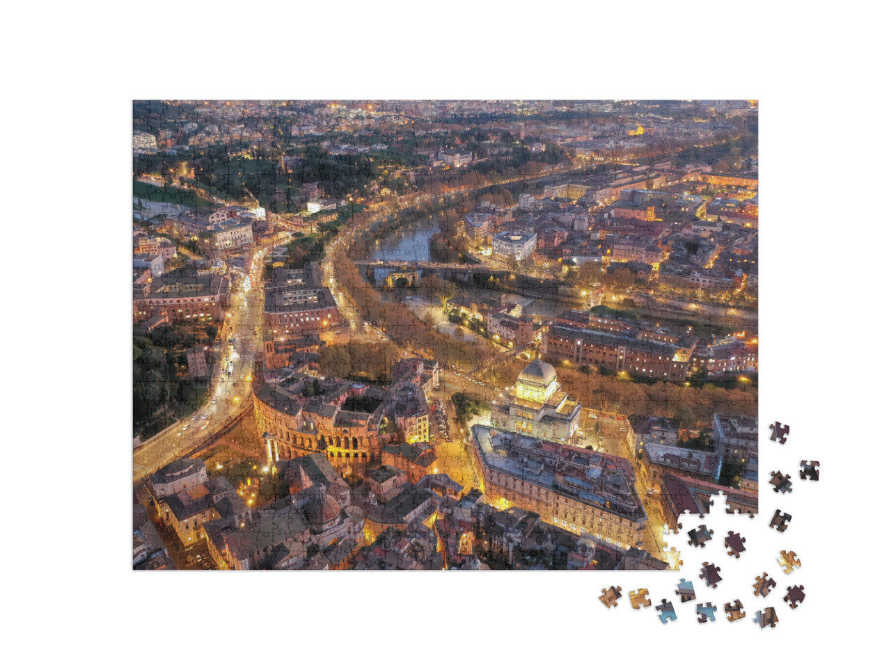 Puzzle 1000 pezzi „L'Isola Tiberina illuminata con una serie di monumenti storici accanto all'iconico Teatro Marcello“