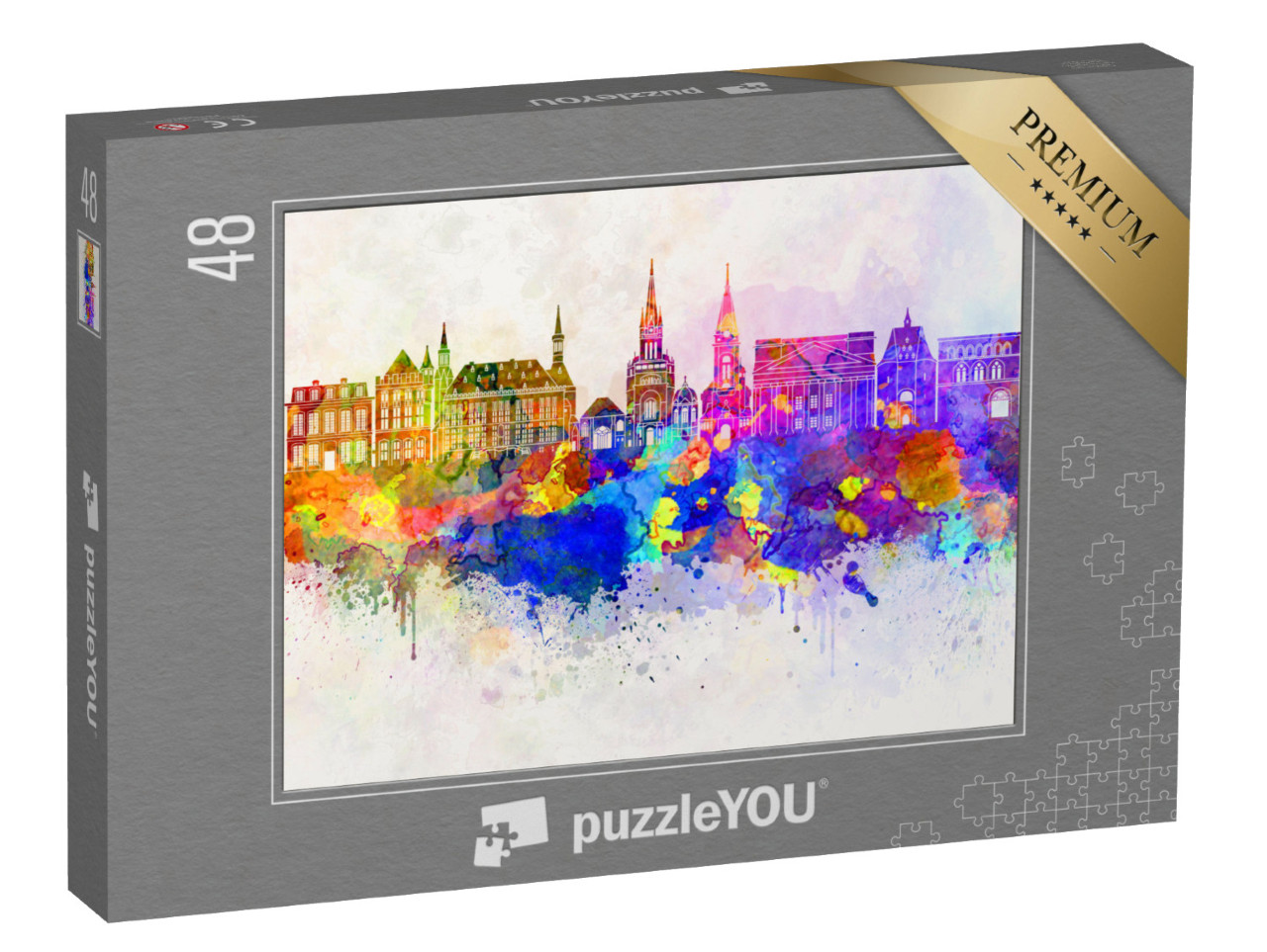 Puzzle 48 pezzi „Acquerello dello skyline di Aquisgrana“