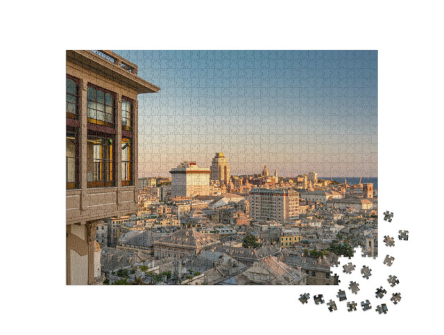 Puzzle 1000 pezzi „Veduta aerea del centro di Genova al tramonto visto da Castelletto con il famoso ascensore pubblico“