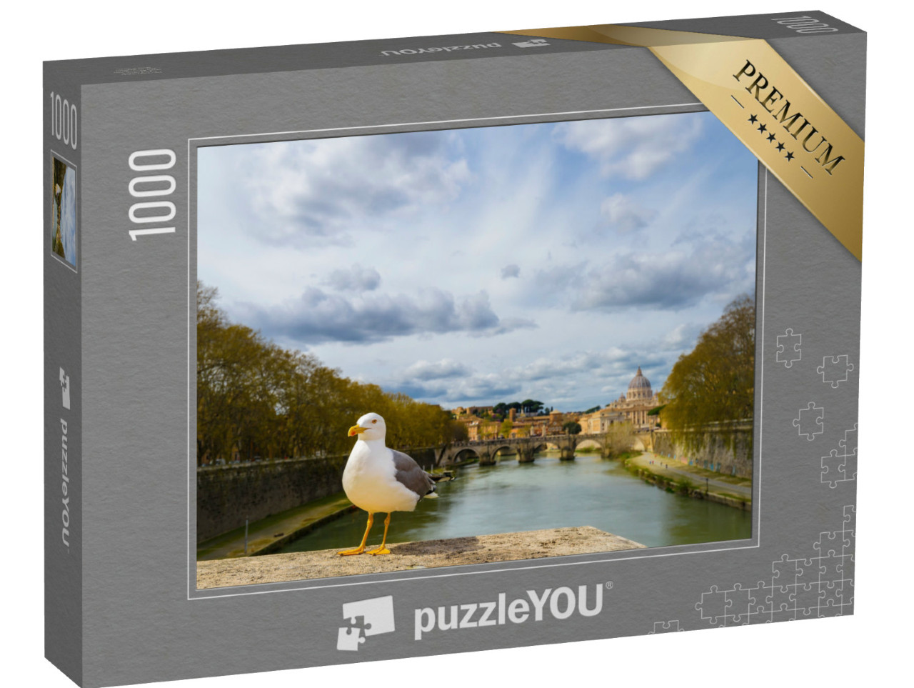 Puzzle 1000 pezzi „Gabbiano sulle rive del Tevere di fronte al panorama storico di Roma, Italia“