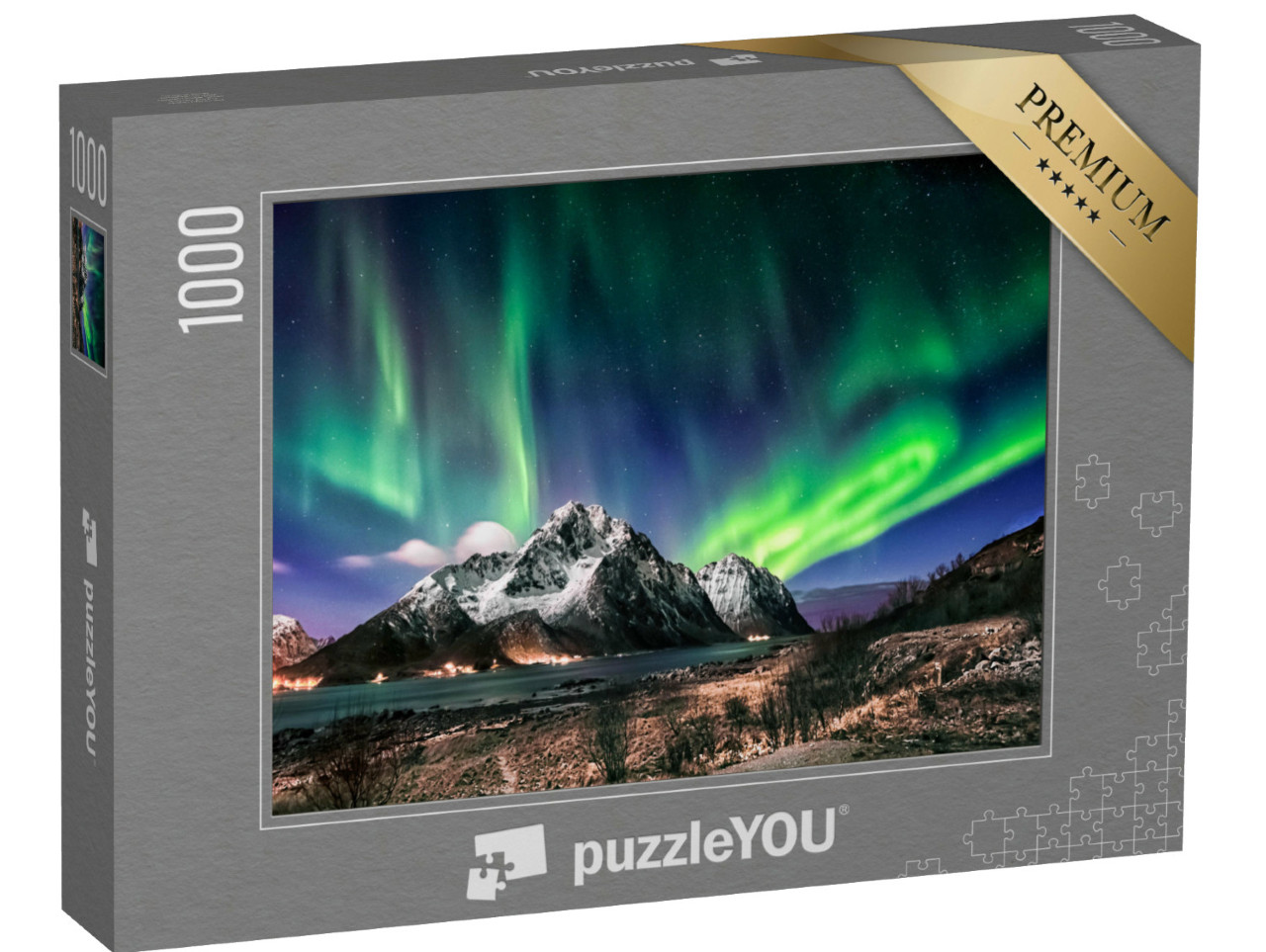 Puzzle 1000 pezzi „Paesaggio delle Isole Lofoten: Visita in inverno con l'aurora boreale, Norvegia“