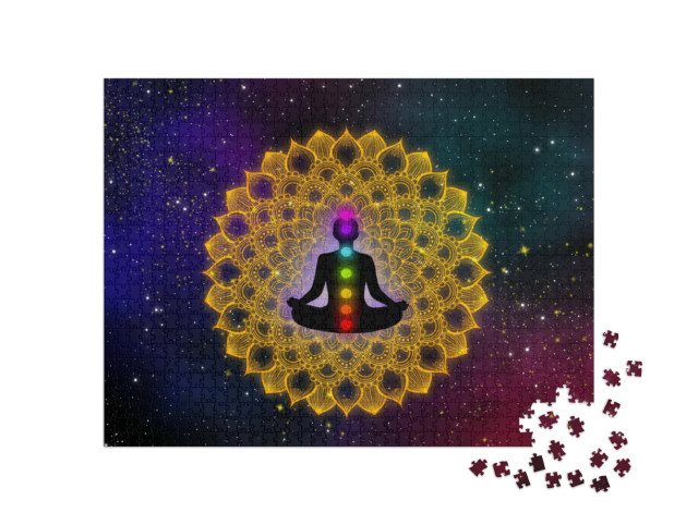 Puzzle 1000 pezzi „Uomo e i suoi sette chakra su mandala d'oro di lusso“