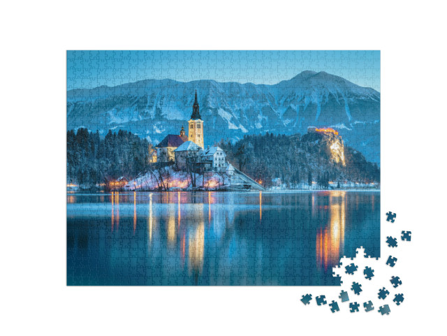 Puzzle 1000 pezzi „Vista del lago di Bled con il castello, Slovenia“