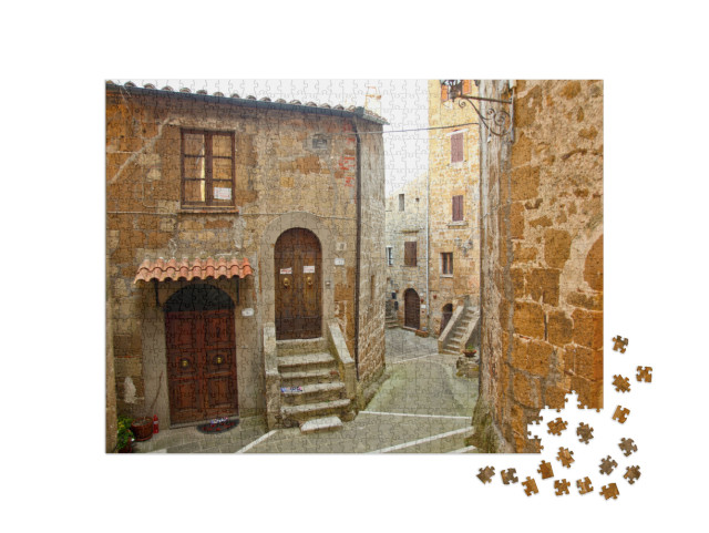 Puzzle 1000 pezzi „Pitigliano, i vicoli del borgo medievale e il ghetto ebraico. Pitigliano, provincia di Grosseto, Toscana“