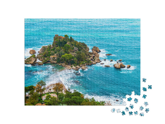 Puzzle 1000 pezzi „L'Isola Bella di Taormina, nella Città Metropolitana di Messina, Sicilia, Italia, di notte“