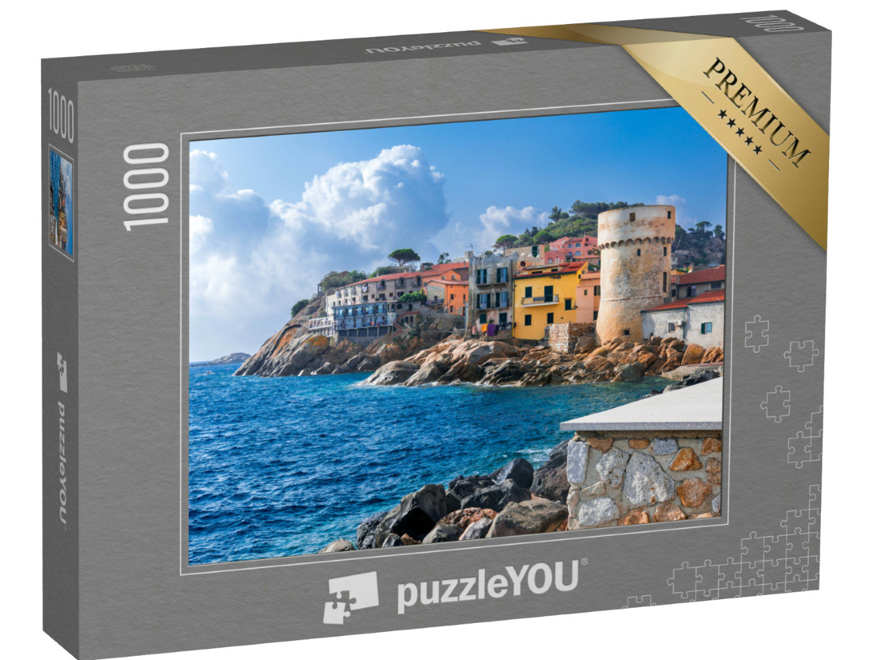Puzzle 1000 pezzi „Il piccolo villaggio costiero di Giglio Portoâ, con case colorate, Toscana“