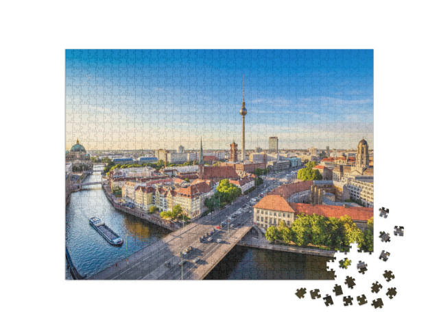 Puzzle 1000 pezzi „Lo skyline di Berlino con la Sprea al tramonto, Germania“