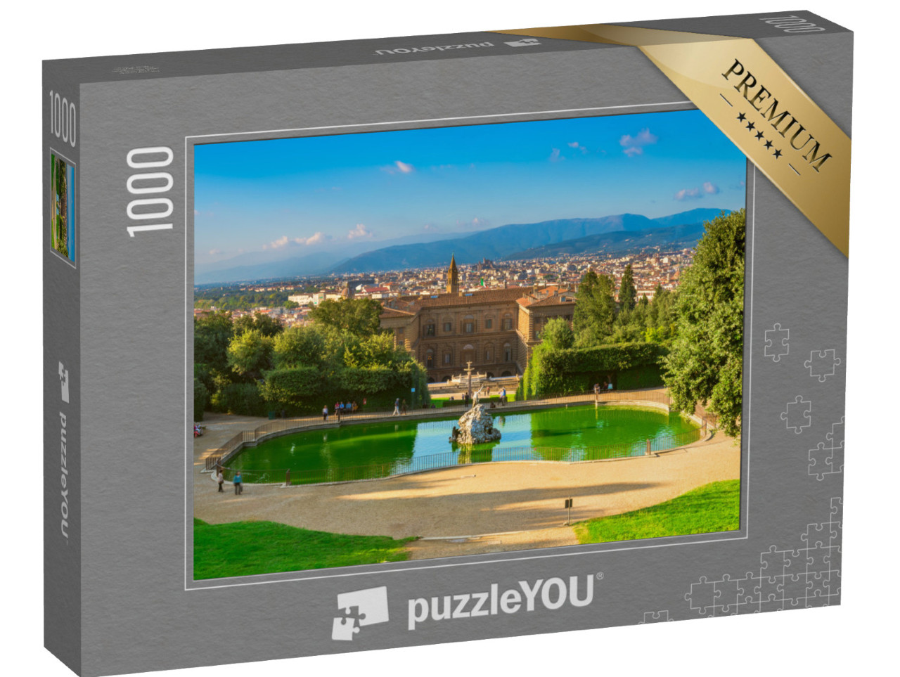 Puzzle 1000 pezzi „Vista di Palazzo Pitti e del giardino all'italiana di Boboli a Firenze, Italia“