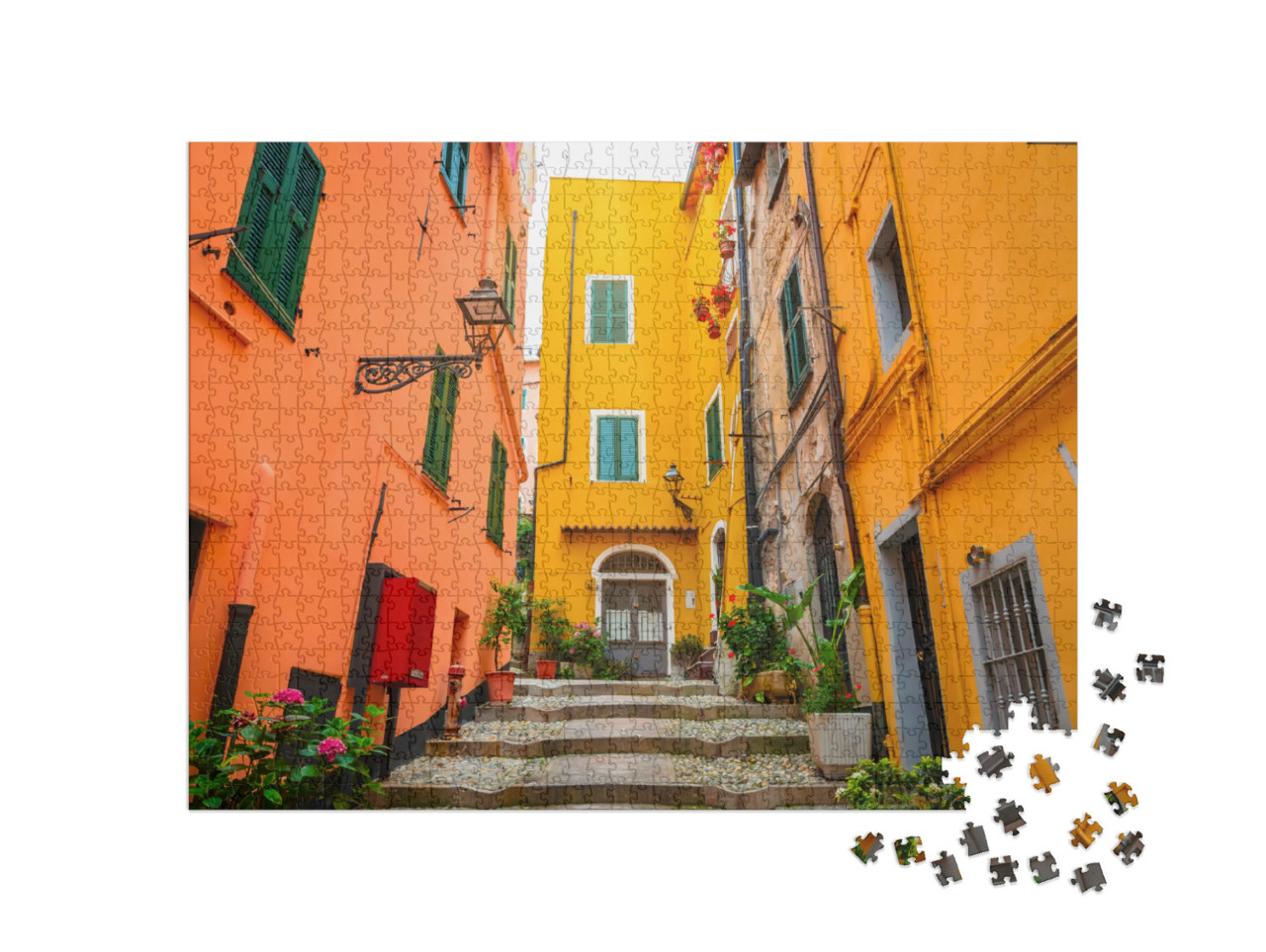 Puzzle 1000 pezzi „Una strada tradizionale e accogliente nella città di San Remo, Italia“