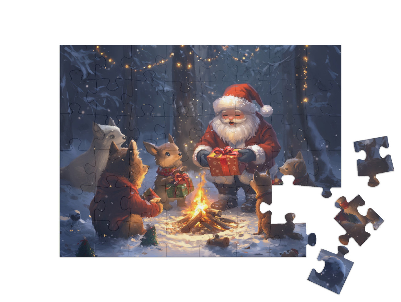 Puzzle 48 pezzi „Natale nella foresta: bambini animali ricevono regali da Babbo Natale“