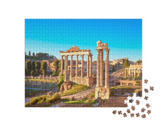 Puzzle 1000 pezzi „Immagine panoramica del Foro Romano all'alba, a Roma, Italia“