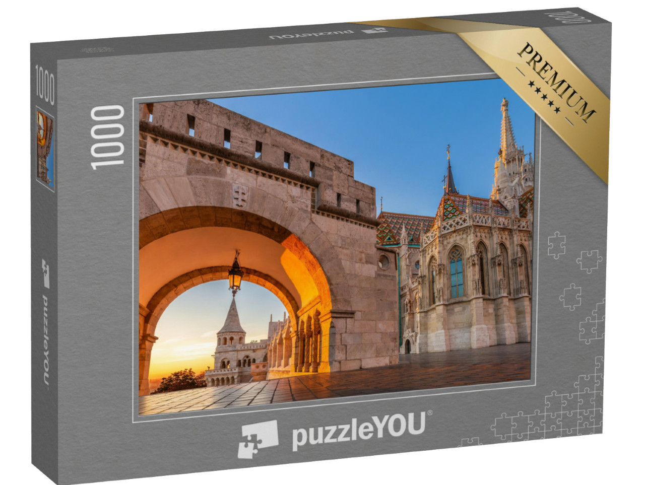 Puzzle 1000 pezzi „Porta nord del Bastione dei Pescatori di Halaszbastya all'alba, Budapest, Ungheria“