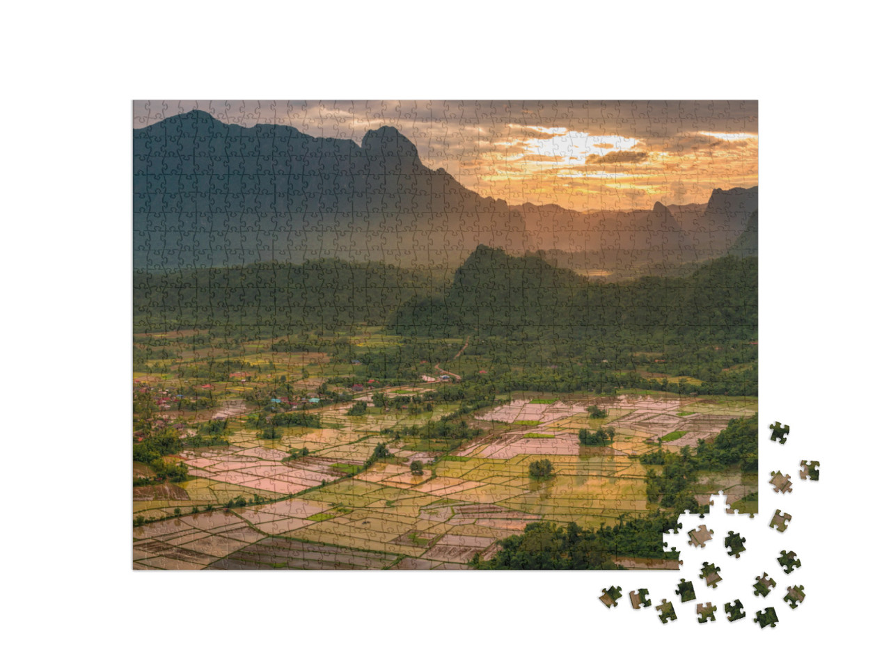 Puzzle 1000 pezzi „Tramonto dorato nelle risaie del Laos“