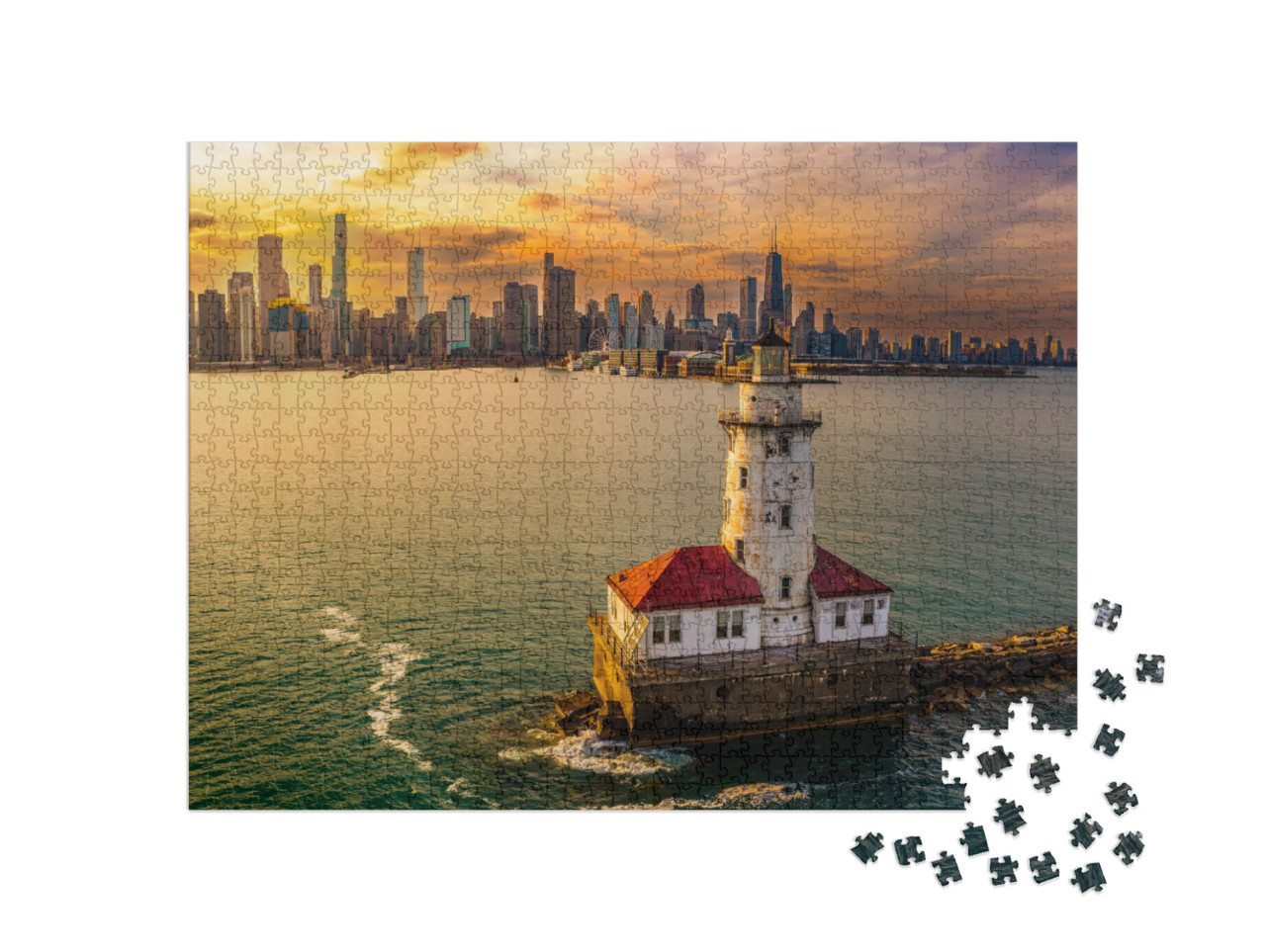 Puzzle 1000 pezzi „Il porto e il faro di Chicago al tramonto“