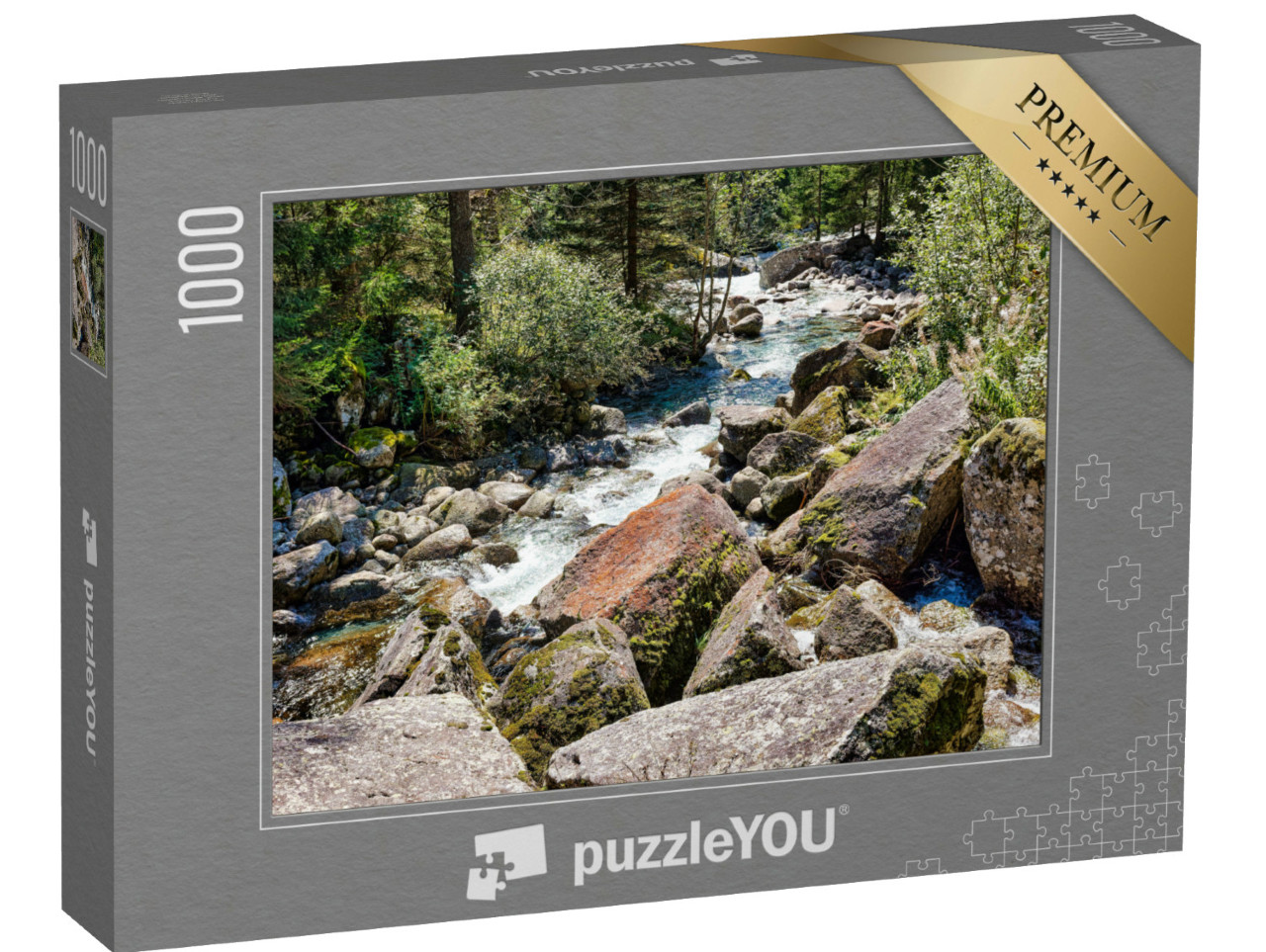 Puzzle 1000 pezzi „Paesaggio alpino sul torrente che scorre nella Val di Mello, in Valtellina a Sondrio“