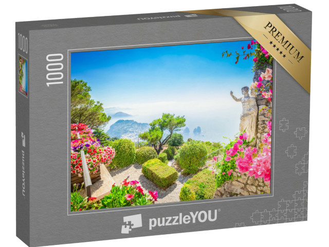 Puzzle 1000 pezzi „Vista dal monte Solaro dell'isola di Capri in una giornata estiva con fiori, Italia“