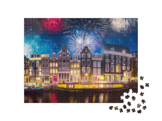 Puzzle 1000 pezzi „Spettacolare spettacolo pirotecnico sul centro storico di Amsterdam, Paesi Bassi“