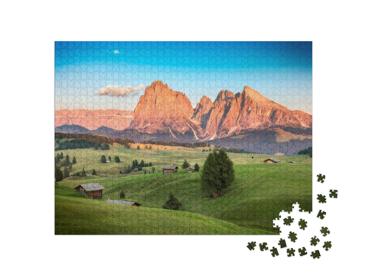 Puzzle 1000 pezzi „Alpe di Siusi con il gruppo del Sassolungo alla luce del sole serale, Alto Adige“