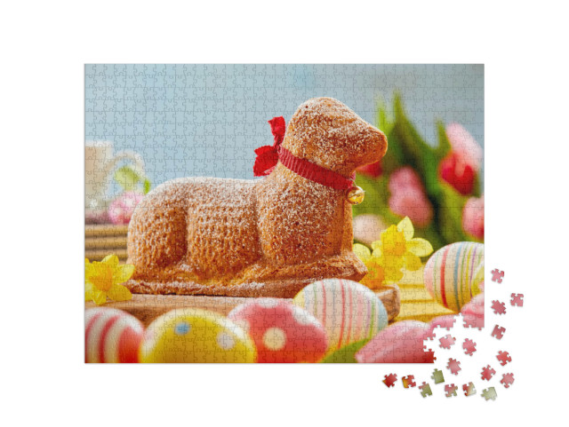 Puzzle 1000 pezzi „Buona Pasqua: agnello pasquale tra uova di Pasqua colorate“