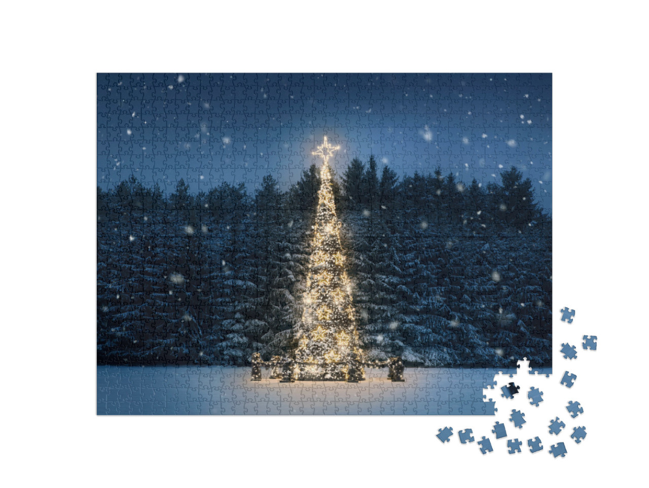 Puzzle 1000 pezzi „Albero di Natale illuminato di notte con la neve che cade“