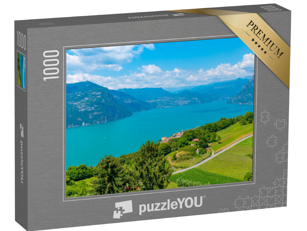 Puzzle 1000 pezzi „Vista aerea del lago d'Iseo e del paese di Siviano da Monte Isola in Italia“