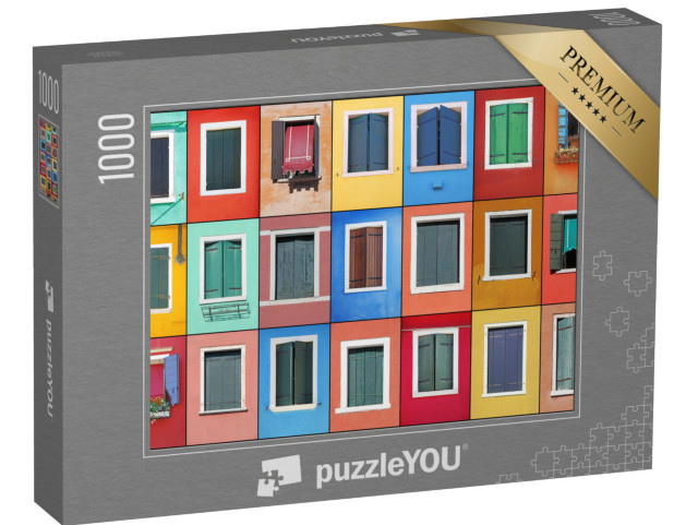 Puzzle 1000 pezzi „Collage di finestre colorate a Burano, Venezia, Italia“