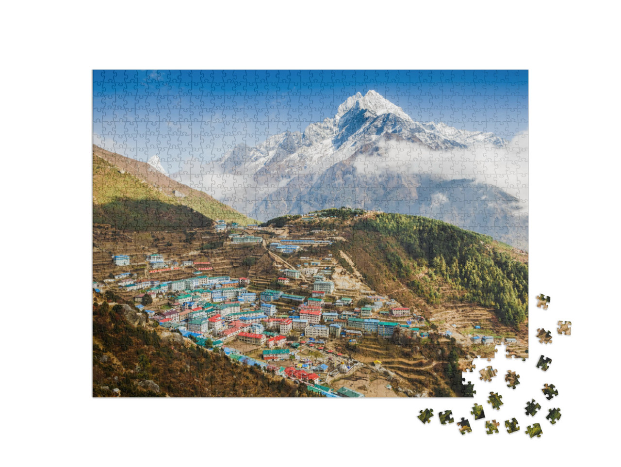 Puzzle 1000 pezzi „Vista del villaggio di montagna di Namche Bazar, Himalaya, Nepal“