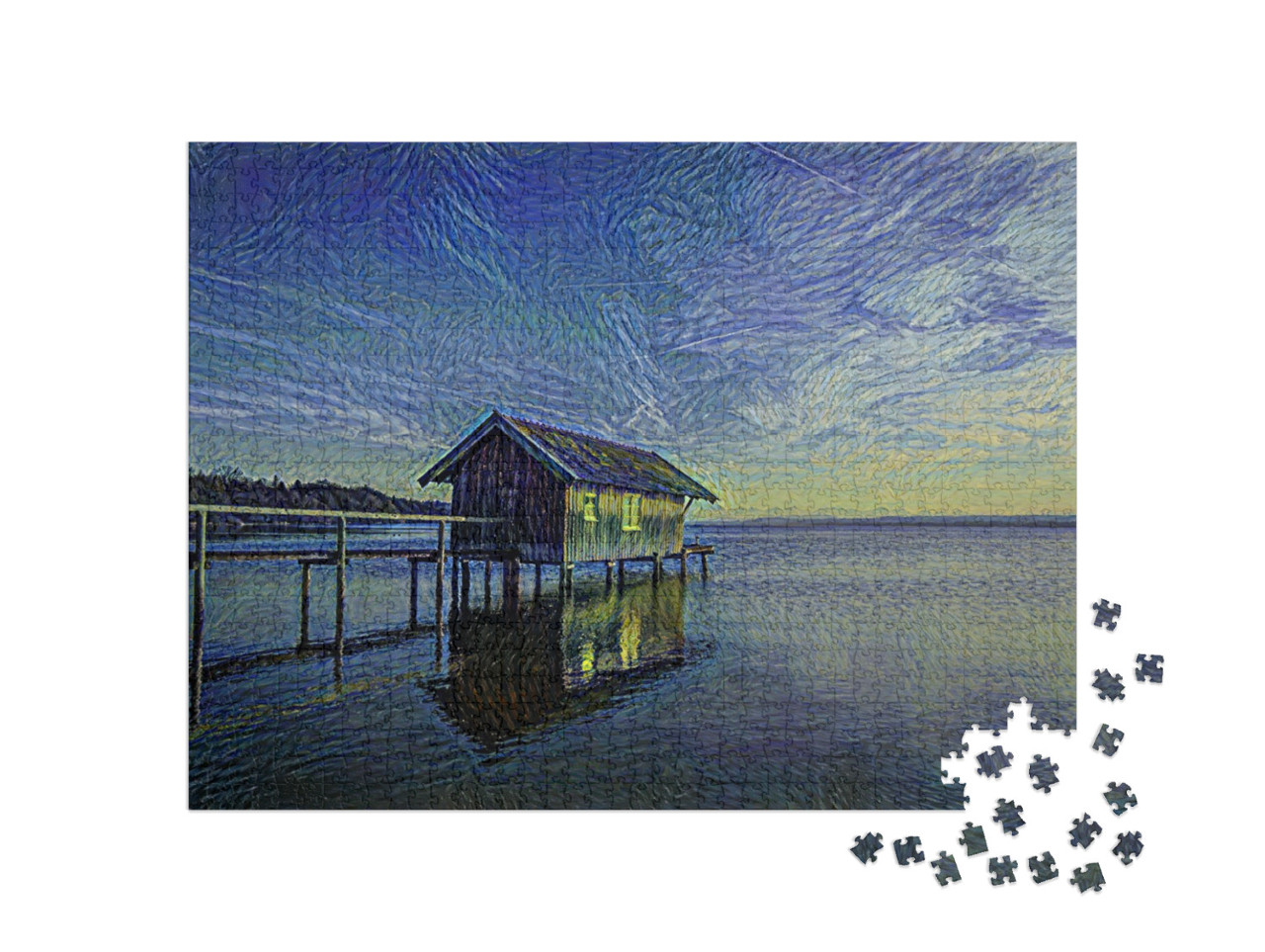 Puzzle 1000 pezzi „nello stile artistico di van Gogh, Notte Stellata - Seehaus a Stegen am Ammersee in Baviera“