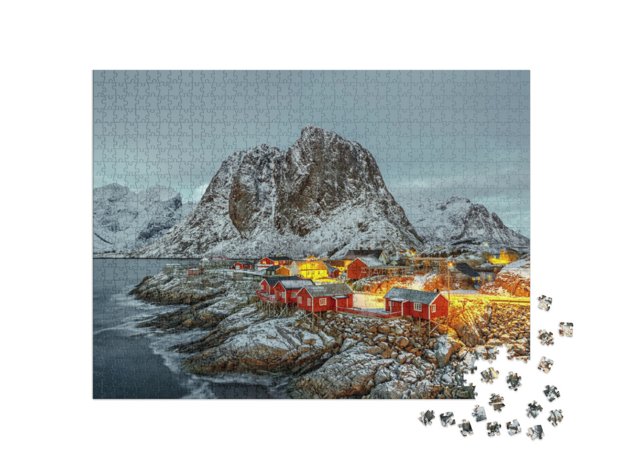 Puzzle 1000 pezzi „Capanno da pesca al tramonto, panorama delle Isole Lofoten, Norvegia“