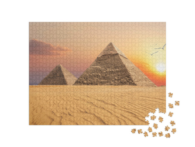 Puzzle 1000 pezzi „Piramide di Chefren e Piramide di Cheope, tramonto, Giza“