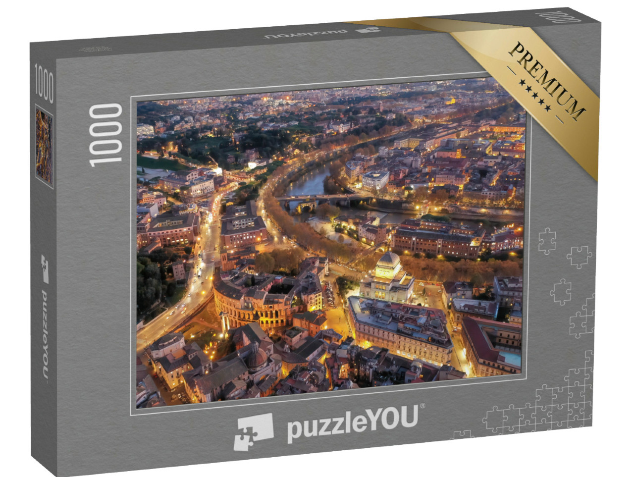 Puzzle 1000 pezzi „L'Isola Tiberina illuminata con una serie di monumenti storici accanto all'iconico Teatro Marcello“