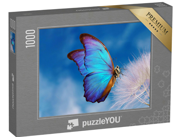 Puzzle 1000 pezzi „La farfalla Morpho blu su un dente di leone“