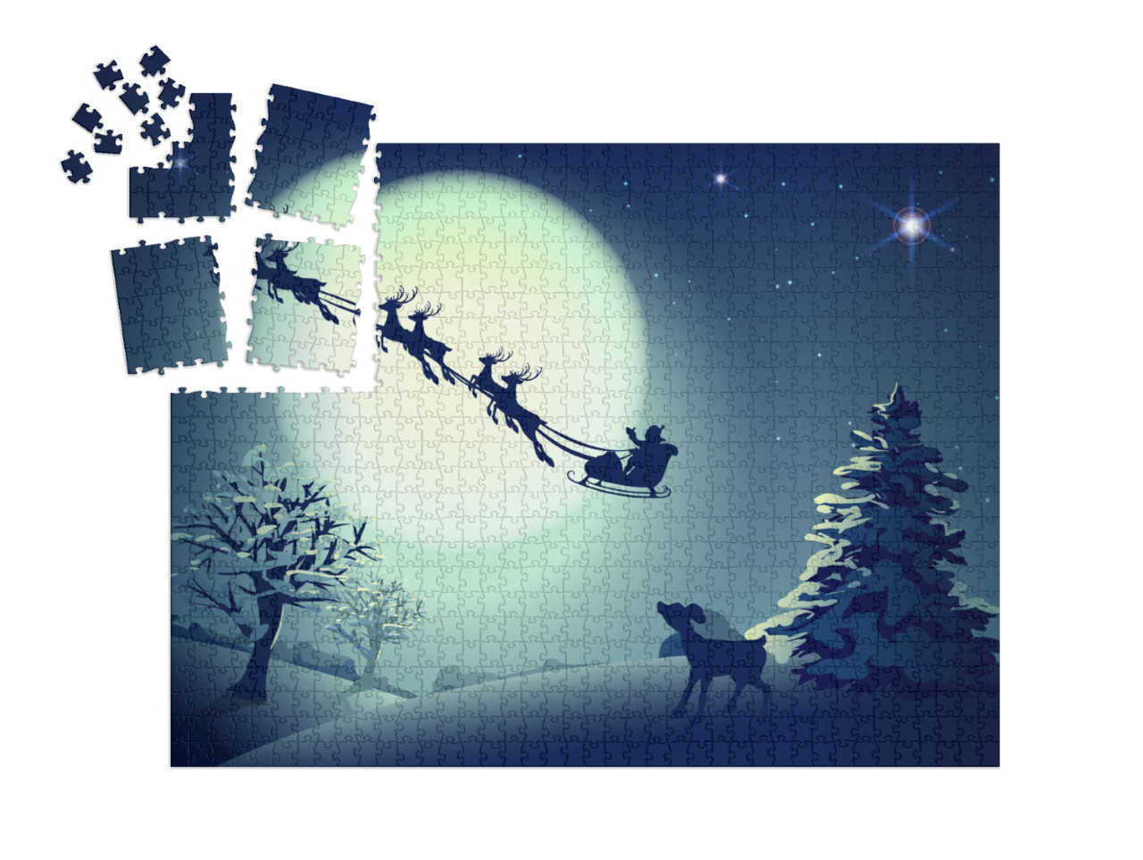 SMART SORTED® | Puzzle 1000 pezzi „Babbo Natale in slitta, renne, luna piena, biglietto d'auguri“