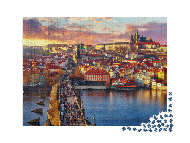 Puzzle 2000 pezzi „Vista panoramica del Ponte Carlo, del Castello di Praga e del fiume dall'alto“