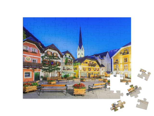 Puzzle 100 pezzi „Hallstatt, Austria, villaggio di montagna nelle Alpi austriache al tramonto“