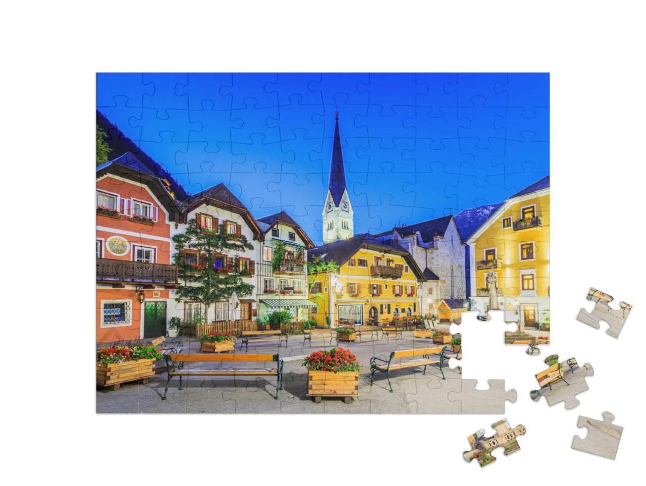 Puzzle 100 pezzi „Hallstatt, Austria, villaggio di montagna nelle Alpi austriache al tramonto“