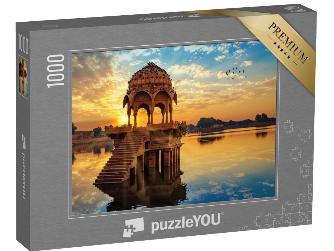 Puzzle 1000 pezzi „Tramonto davanti alle rovine di Gadi Sagar, India“