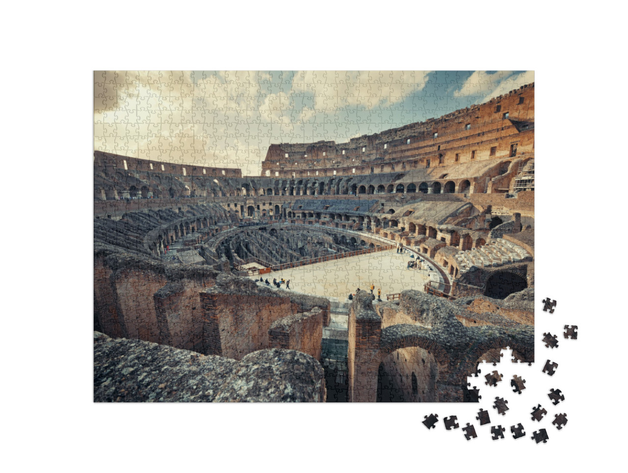 Puzzle 1000 pezzi „Vista dell'interno del Colosseo al tramonto, simbolo di Roma famoso in tutto il mondo“