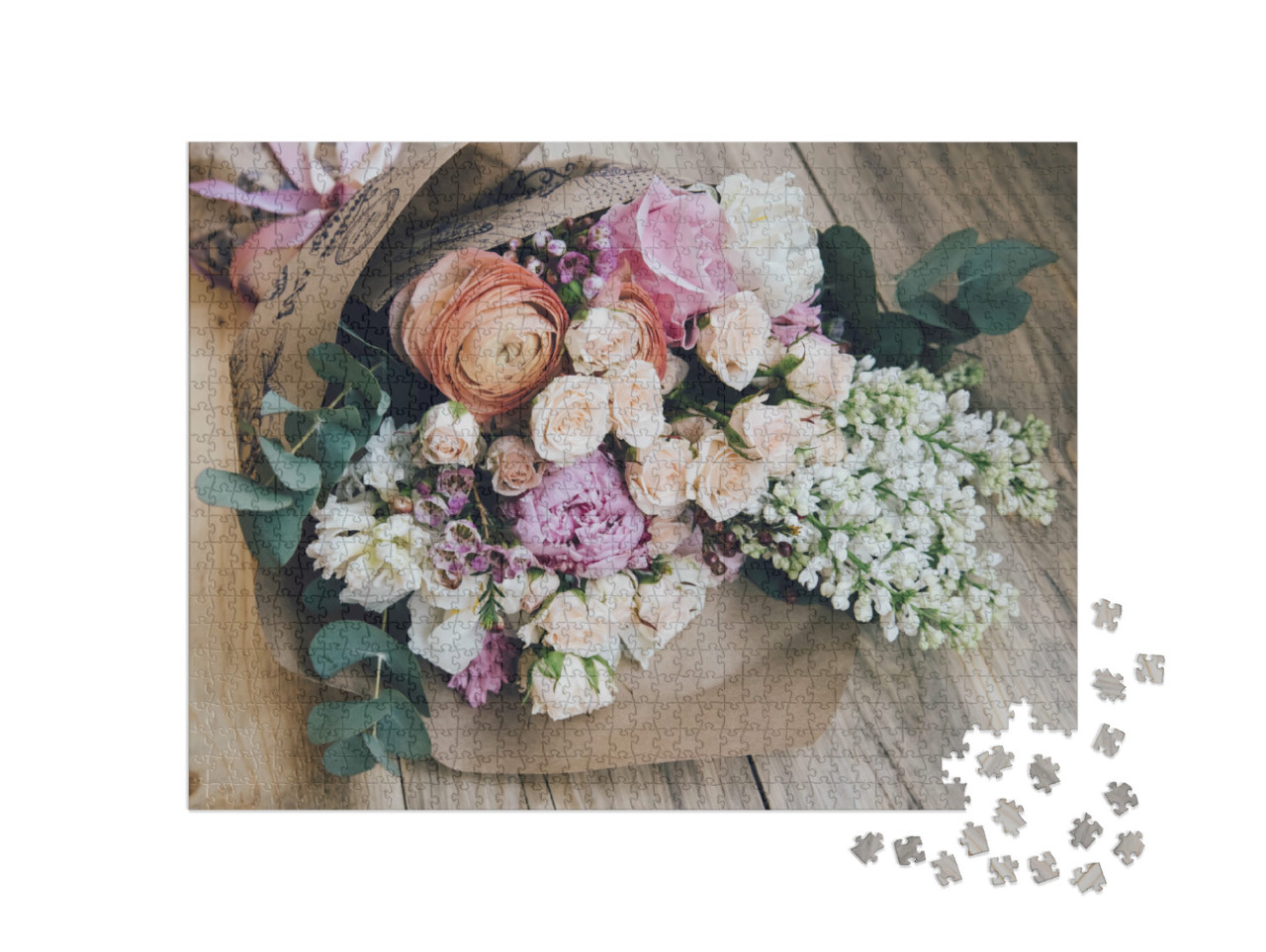Puzzle 1000 pezzi „Un mazzo di fiori sul tavolo di legno“