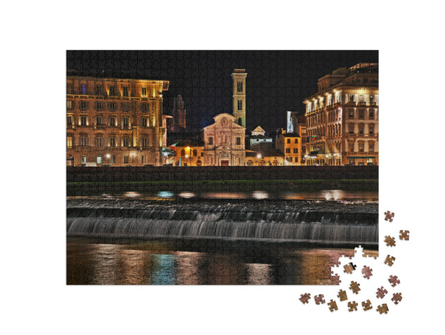 Puzzle 1000 pezzi „Firenze, Toscana, Italia: paesaggio notturno della città con il fiume Arno e la Chiesa di Ognissanti“