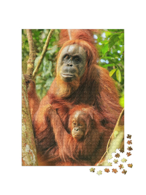 Puzzle 1000 pezzi „Femmina di orango di Sumatra con un bambino, Indonesia“