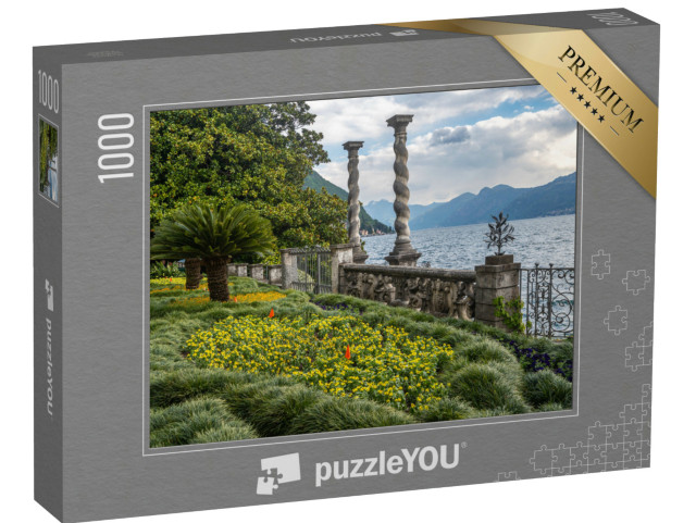Puzzle 1000 pezzi „Giardini lussureggianti e colonne in pietra a Villa Monastero con vista sul Lago di Como, Lombardia“