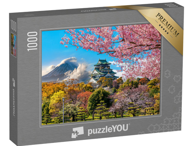 Puzzle 1000 pezzi „Fiori di ciliegio al castello di Osaka e al Monte Fuji, Giappone“