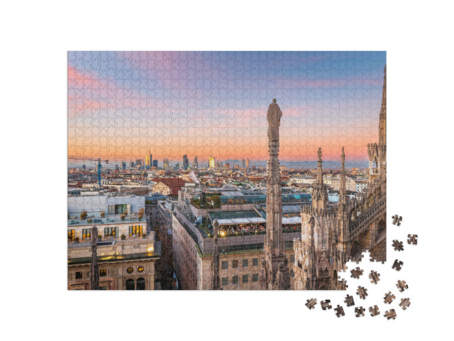 Puzzle 1000 pezzi „Milano, skyline della città dall'alto di sera.“